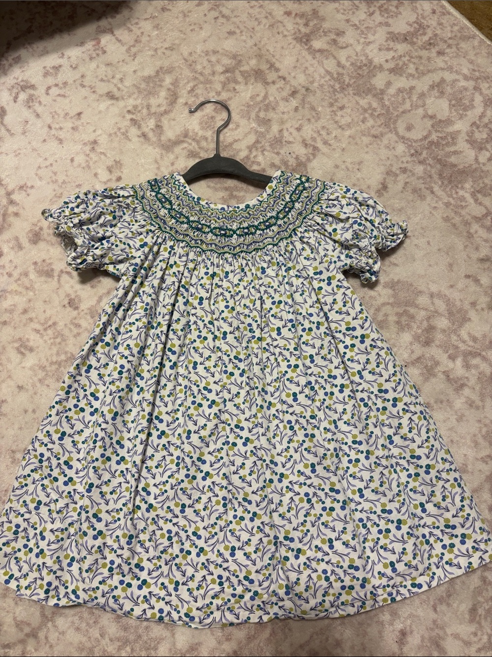 Smocked White Floral Kids Dress with Blue and Green Accents